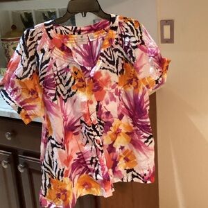 Caribbean Joe Vibrant Floral Button-Up Blouse